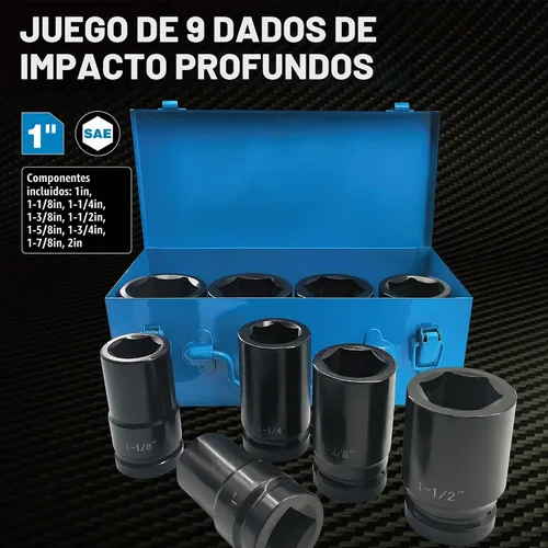 Vista 2 de Juego de enchufes de impacto profundo de 1 pulgada, 9 piezas de juegos de enchufes de impacto jumbo, acero cromado SAE de 1" a 2", diseño de 6