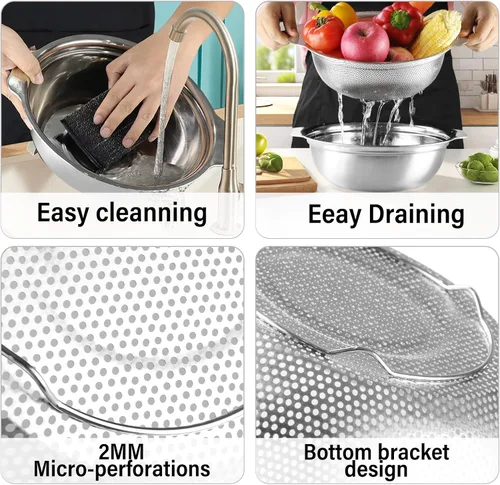 Vista 5 de Colador de acero inoxidable para cocina, colador de arroz de 2.5 cuartos con tazón para mezclar, juego de cuencos coladores con microporoso