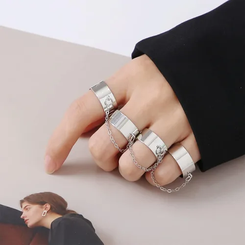 Vista 6 de Long tiantian Anillos de cadena punk para mujer, vintage, gruesos, nudillos, hongos, juego de anillos de cadena de mariposa, anillos de ojos