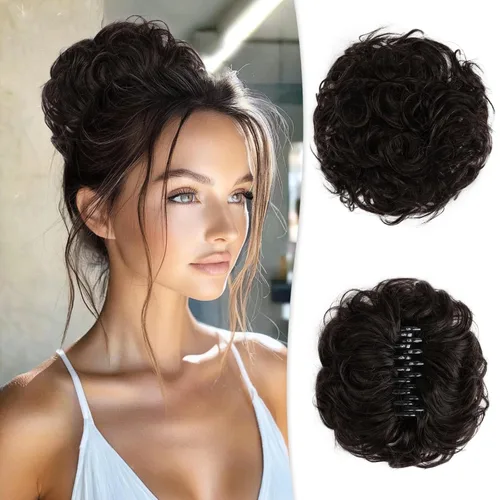 Vista 27 de RUWISS Extensiones de cabello humano real, ondulado y rizado, moño despeinado, cola de caballo para mujer (12H24# castaño rojo/rubio mediano)