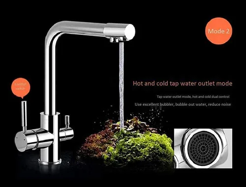 Vista 5 de Grifo de acero inoxidable de 360 ° para fregadero de cocina, latón sin plomo, 3 en 1, mezclador de agua potable, filtro de agua potable, grifo