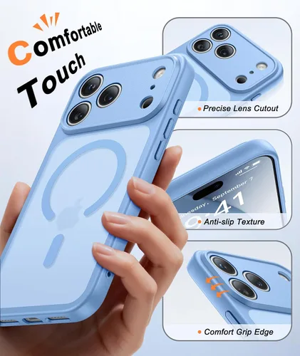 Vista 5 de FNTCASE Funda para iPhone 17 Pro: Fundas delgadas translúcidas de color azul claro compatibles con MagSafe, protección completa de la cámara