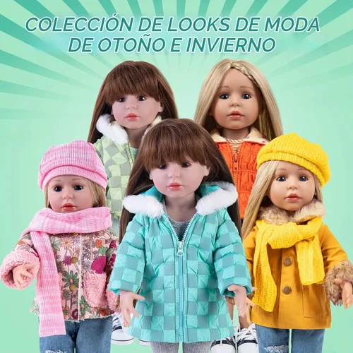 Vista 6 de Rakki Dolli Conjunto de ropa de muñeca de 3 piezas. Conjunto de abrigo grueso con capucha a cuadros azules y grises con manga larga, traje de muñeca