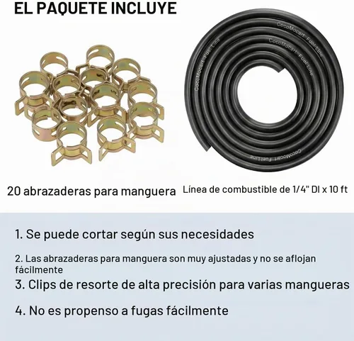 Vista 5 de Línea de combustible elástica de 9.85 ft (3. m) de longitud, 1/4 de pulgada (6.35 mm) de diámetro interno, y 20 piezas de abrazaderas de manguera