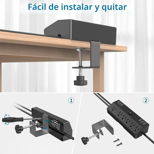 Vista 7 de JXGUCAT - Regleta de alimentación con abrazadera de escritorio con estación de carga rápida de 40 W, enchufe plano de 10 pies, protector contra