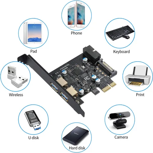 Vista 5 de Tarjeta de expansión USB 3.0 PCIe X1 de 5 Gbps Superspeed 2 puertos externos + adaptador interno de 19 pines USB 3.0 controlador PCI-E compatible