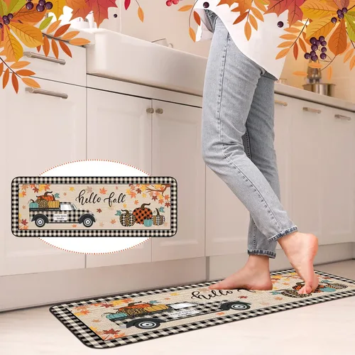 Vista 5 de Juego de 2 alfombras de cocina de calabaza de Acción de Gracias, tapete de cocina de otoño, tapete de calabaza a cuadros de otoño, tapete