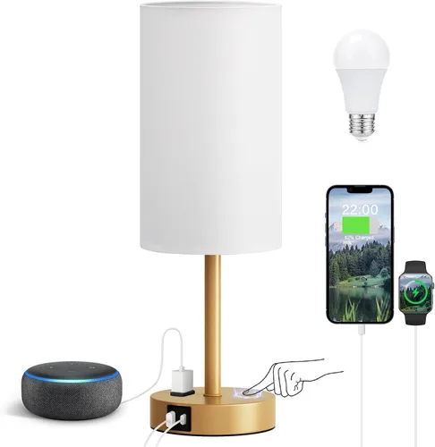 Vista 30 de Fenmzee Juego de lámparas de mesa pequeñas táctiles regulables de 2 a 3 vías, carga USB A + C, salida de CA, base de grano de madera, bombillas