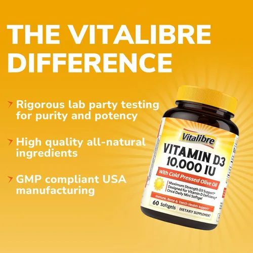 Vista 6 de Vitalibre Vitamina D3 de máxima fuerza 10,000 UI (250 mcg), altamente biodisponible, con aceite de oliva prensado en frío, apoyo inmunológico