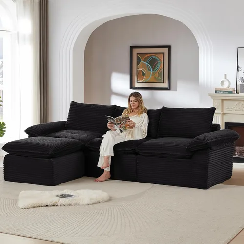 Vista 4 de Sofás modulares de 113.03 pulgadas para sala de estar, sofá modular moderno con sofás en forma de L, sofá tapizado de pana sin hueso, asiento Negro