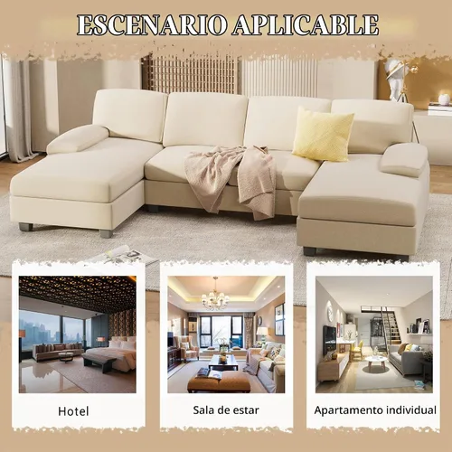 Vista 5 de Furniwell - Sofá seccional convertible, juego de sofá de 4 plazas para sala de estar en forma de U, sofá modular moderno de tela con chaise doble