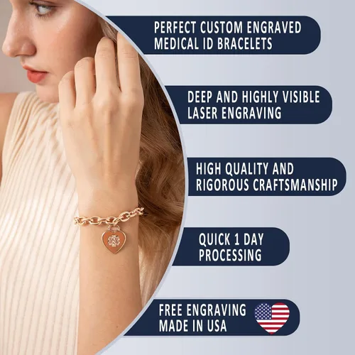 Vista 3 de Divoti Pulsera de alerta médica 316L grabada con láser profundo con dije de corazón para mujer, ajustable (se adapta a muñecas de hasta 8.5 pulgadas)