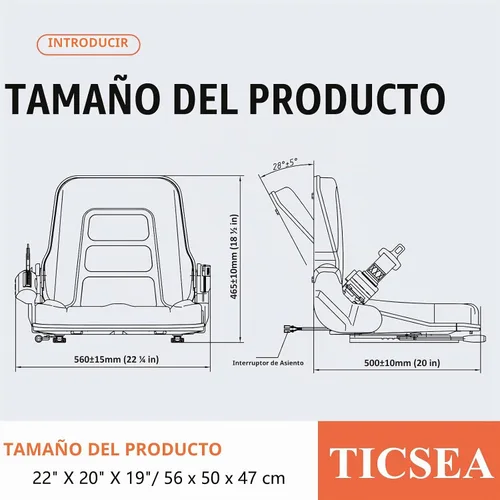 Vista 8 de Asiento universal de carretilla elevadora, asiento de tractor con cinturón de seguridad, respaldo ajustable e interruptor de posición del operador