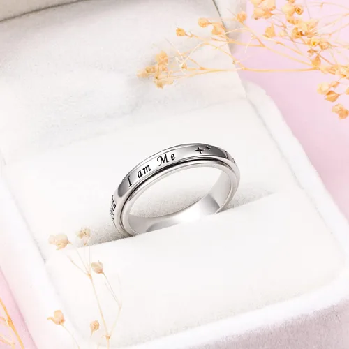 Vista 4 de Anillo giratorio con texto en inglés "I am me", de plata de ley 925, con fases lunares, para aliviar la ansiedad, el estrés, seguir adelante, TDAH