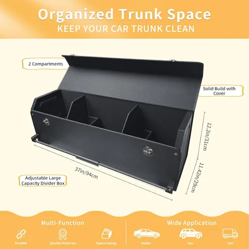 Vista 2 de Organizador de maletero para SUV, organizador plegable de cuero para maletero de automóvil con tapa, almacenamiento de automóvil para sedanes, Negro