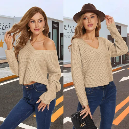 Vista 5 de Jumppmile Suéter corto de manga larga con cuello en V para mujer