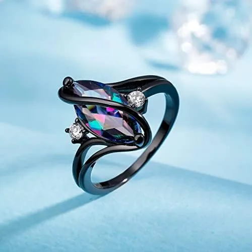Vista 5 de 18K Black Gold Plated Rainbow CZOpal Marquise Rings for Women Cocktail Promise Eternity Band Party Birthday Gifts Fashion Jewelry