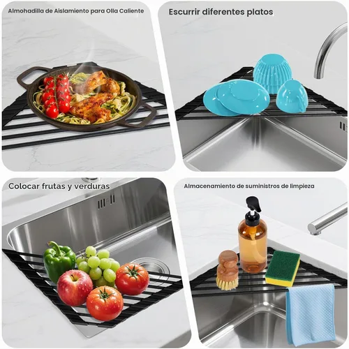 Vista 3 de HANZENMA Estante triangular para fregadero, estante multifuncional sobre la encimera, esterilla plegable para secar el fregadero, resistente al Negro