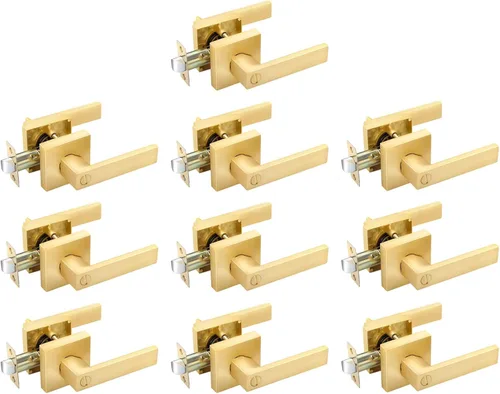 Vista 35 de EHOMEWARE - Juego de manijas de puerta delantera doble de latón, manija de puerta de latón cuadrado resistente en oro y cerradura de un solo