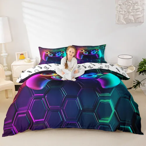 Vista 42 de Juego de funda de edredón con diseño de videojuegos para niños, tamaño individual, negro y azul a cuadros, juego de ropa de cama moderna
