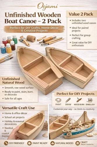 Vista 3 de Barco de madera sin terminar, paquete de 2 – Canoa pintable para bricolaje