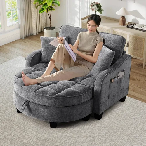 Vista 19 de Chaise Lounge Chair para interiores con puerto USB y soporte para teléfono, sillón reclinable pequeño de felpilla con otomana de almacenamiento