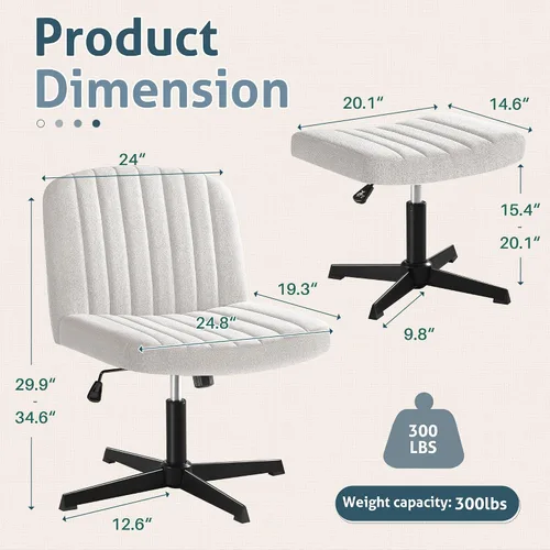 Vista 3 de Shahoo Silla de patas cruzadas con otomana, giratoria sin brazos, ancha, acolchada, moderna, altura ajustable, tela para oficina en casa, color beige