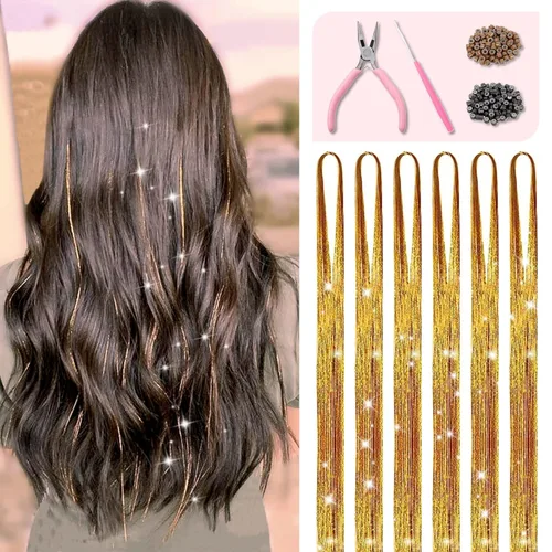 Vista 9 de Kit de oropel para el cabello con herramientas e instrucciones, fácil de usar, 12 colores, 2400 hebras de 48 pulgadas, extensiones de cabello
