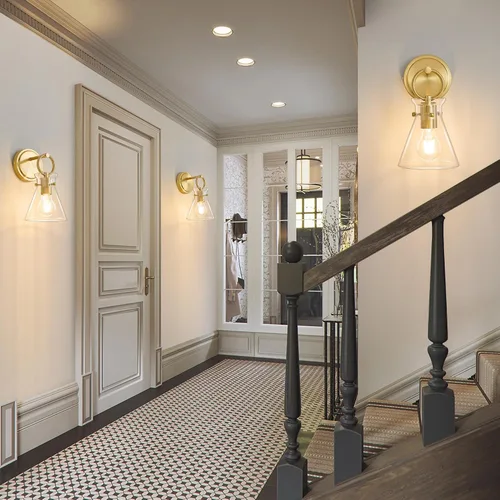 Vista 7 de Aplique de Pared Dorado de 1 Luz Cableado Montaje en Pared Estilo Moderno Rústico Accesorios de Luz de Tocador con Pantalla de Vidrio Transparente