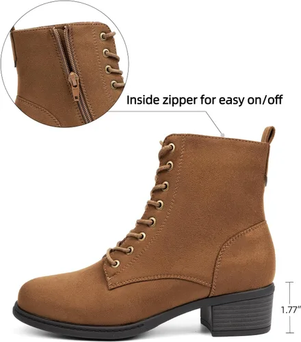 Vista 2 de VJH confort Botines de moda para mujer, tacón bajo, botines de combate gruesos con cordones y cremallera lateral