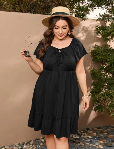 Vista 3 de ShopWonder Vestidos hawaianos de talla grande para mujer, vestido de cuello cuadrado, manga corta, casual, acampanado, vestido de verano