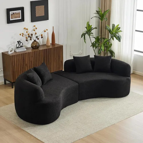 Vista 16 de Sofá biplaza curvado moderno de 67 pulgadas, sofá tapizado de terciopelo de peluche, cómodo sofá comprimido con 2 almohadas para espacios pequeños