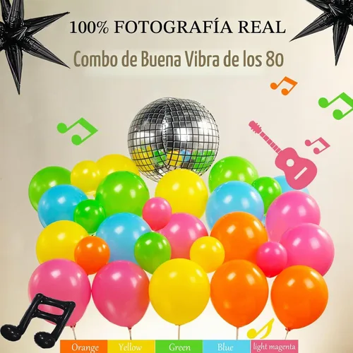 Vista 3 de Kit de arco de guirnalda de globos con temática musical de los años 80, 160 piezas con guitarra, bola de discoteca, nota musical, globo de mylar