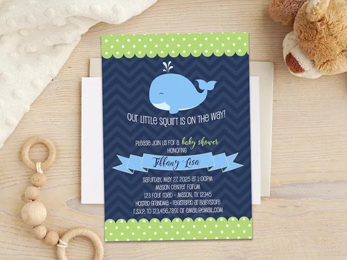 Vista 2 de Nautical Whale Baby Shower Invitations, Lime Green Navy Squirt with Envelopes, Personalized