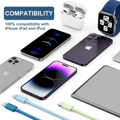Vista 7 de Paquete de 6 cargadores para iPhone (3/3/6/6/9 pies), cable Lightning de varios colores con certificación MFi de Apple, cable de transferencia