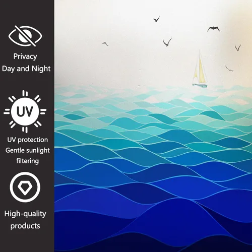 Vista 2 de Película decorativa de privacidad para ventana, control de calor, bloqueo solar, protección UV, diseño abstracto oceánico, adherencia estática Azul