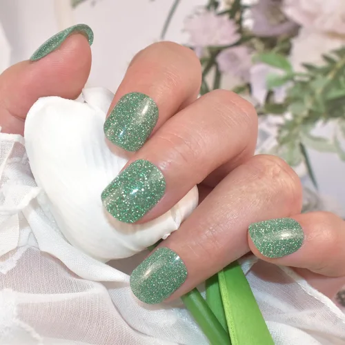 Vista 8 de Tiras de esmalte de uñas de gel con purpurina verde sin luz de uñas, calcomanías de lámpara de uñas, 20 tiras de manicura extra largas