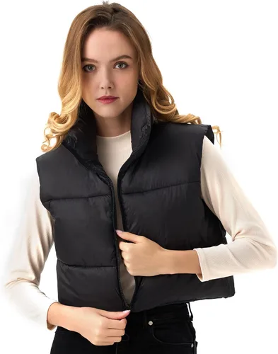 Vista 2 de Chaleco acolchado recortado para mujer, ligero, sin mangas, cálido, para invierno, con cuello alto, acolchado