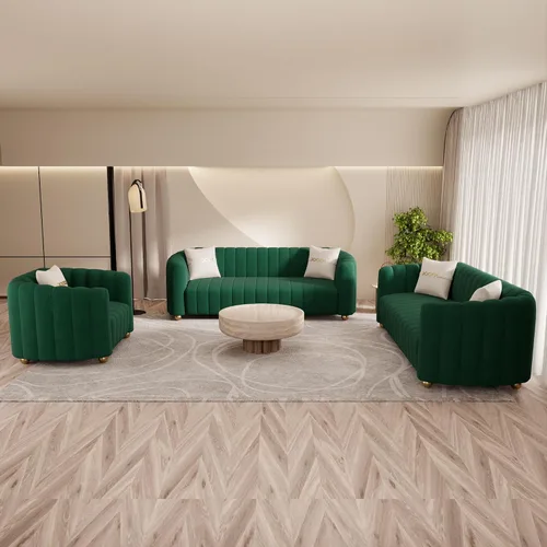 Vista 12 de Moderno juego de sofá de terciopelo negro de 3 piezas para sala de estar, juego de sofá curvado acolchado con patas de esfera de metal dorado