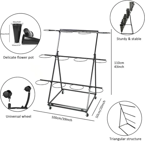 Vista 7 de U&Q - Soporte de metal para 3 plantas con ruedas, moderno estante para plantas con cubo de flores, soporte de exhibición de flores para interiores