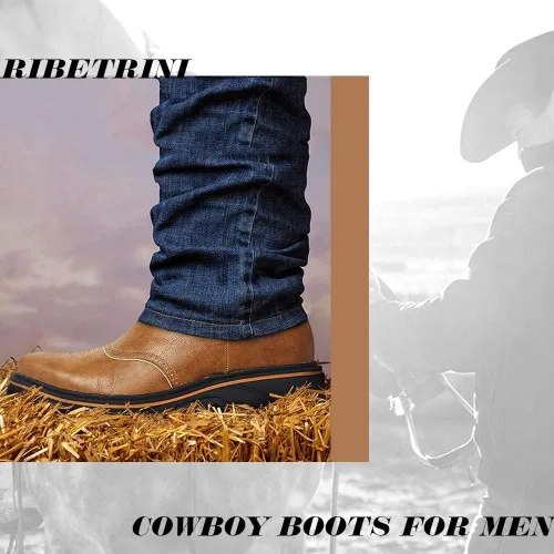 Vista 2 de Botas vaqueras bordadas para hombre, botas vaqueras duraderas con punta cuadrada, tacón grueso, plataforma de piel sintética, botas de media