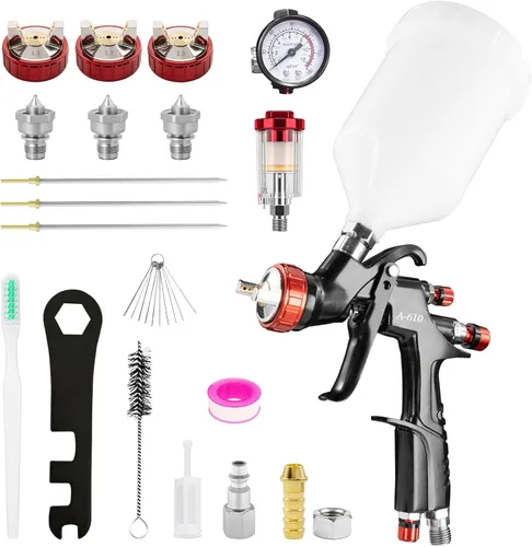 Vista 6 de RRJ A610 LVLP - Kit de pistola de pulverización de aire, pistolas de pintura automotriz de 0.051 in con taza mezcladora de 22.0 fl oz y 10 vasos