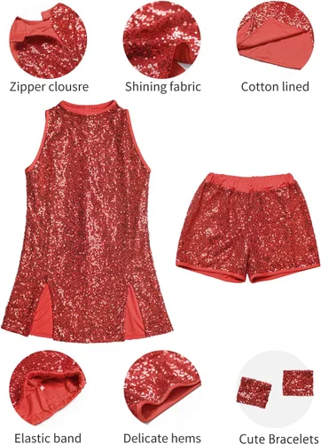 Vista 6 de LOLANTA Vestido de baile de lentejuelas para niñas de 4 a 12 años, traje de baile de hip hop, sin mangas y pantalones cortos