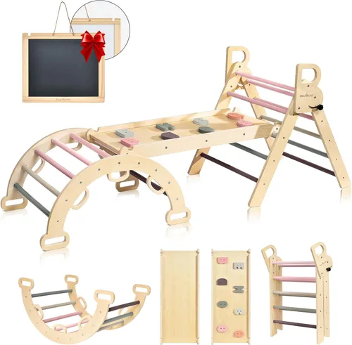 Vista 12 de BlueWood Pikler - Juego de triángulos 7 en 1 plegables, juguetes de escalada Montessori de madera con arco y rampa y escalera, escalador para bebés