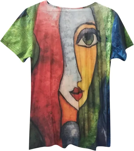 Vista 4 de Camisetas de manga larga para mujer, estilo retro, abstracto, con estampado de rostro, cuello redondo, casual, ajuste holgado