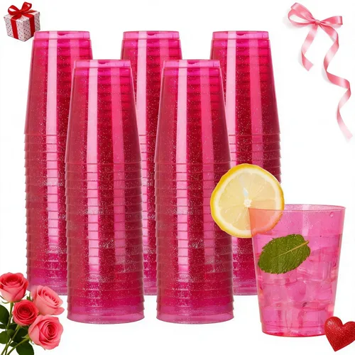 Vista 14 de DaYammi Paquete de 100 vasos de plástico dorados de 16 onzas, elegantes vasos de plástico transparente con borde dorado, desechables, copas de vino