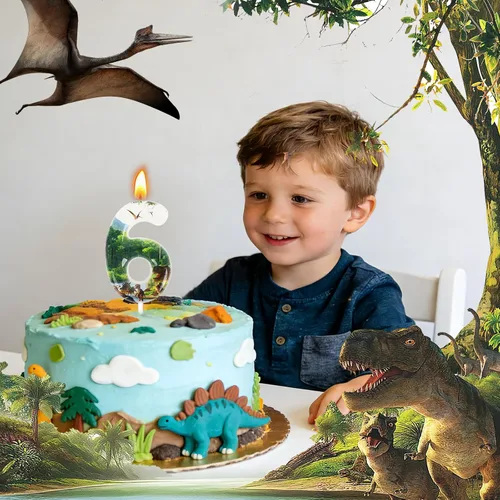 Vista 5 de Velas de cumpleaños de dinosaurios, suministros de decoración de fiesta de dinosaurios, velas de número de cumpleaños para decoración de pastel
