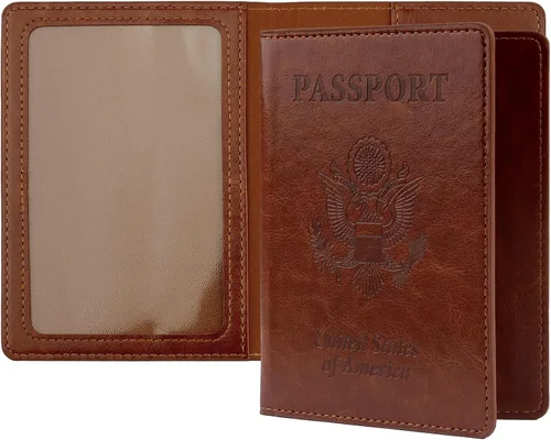 Vista 19 de Funda de cuero para pasaporte - Cartera de pasaporte de viaje para mujeres y hombres, artículos esenciales para el aeropuerto con protector, Negro