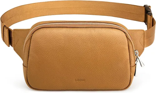 Vista 10 de S-ZONE - Riñonera de cuero para mujer con bloqueo RFID, bolsa de cinturón de cintura, bolso cruzado, Caqui, Moda