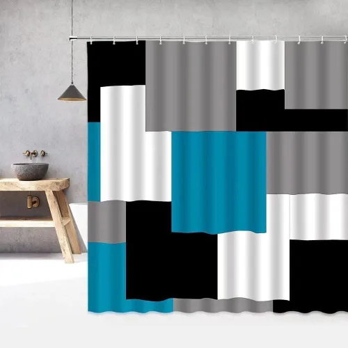 Vista 5 de Yizheer - Juego de cortina de ducha de 4 piezas con diseño geométrico y de color azul, moderno, para el baño, con 12 ganchos, tapete para la bañera